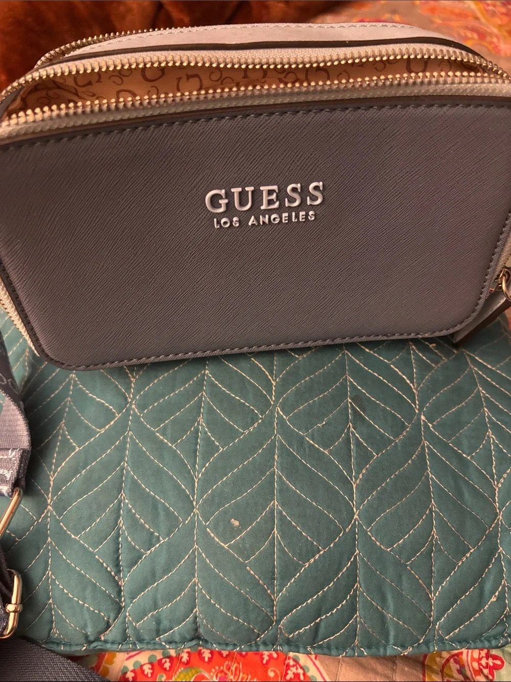 GUESS Slate Gray Saffiano Crossbody Bag with Gold Hardware